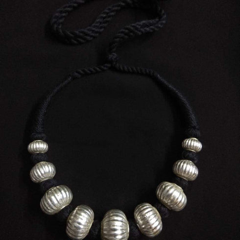 Wax Carved Beads Silver Necklace (oversized beads)