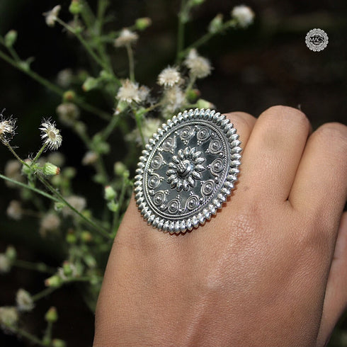 925 pure silver intricate floral work ring, big silver rava ring for women