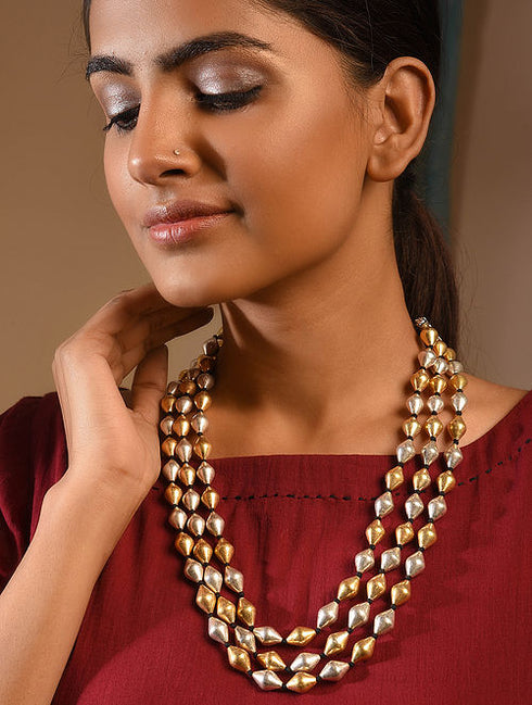 Dual tone 3 line Dholki Necklace